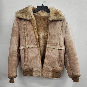 Genuine Shearling Vintage Fur Lined Leather Coat, Brown, Size 38